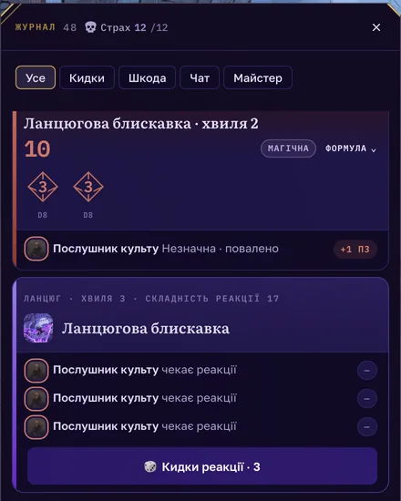 The session log: a Chain Lightning card with three adversaries waiting to react and a “Reaction rolls · 3” button (interface in Ukrainian)
