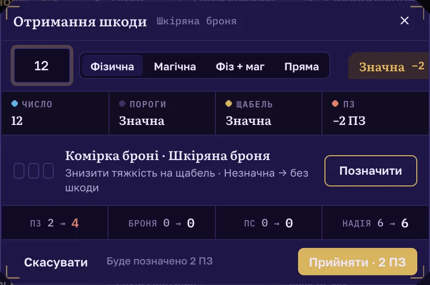 Вікно «Отримання шкоди»: число 12, пороги, комірка броні, кнопка «Прийняти · 2 ПЗ»